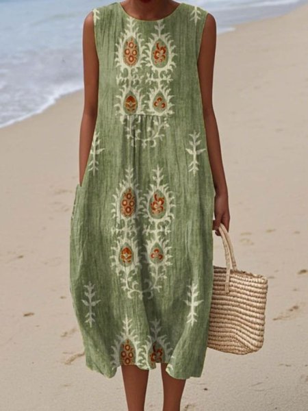 

Women Ethnic Summer Dress Crew Neck Sleeveless A-Line Dress, Green, Dresses