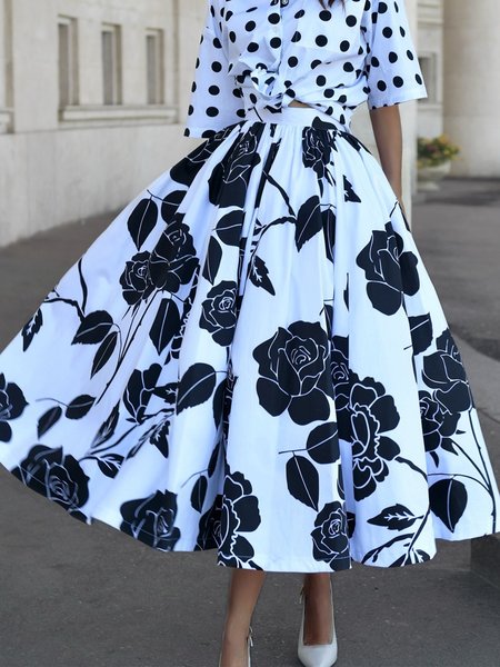 

Elegant Printing Floral Maxi Skirt, Black-white, Skirts