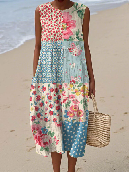 

Women Floral Summer Dress Crew Neck Sleeveless A-Line Dress, As picture, Dresses