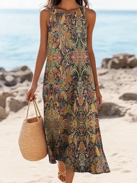 

Women Floral Summer Dress Crew Neck Sleeveless A-Line Dress, Brown, Dresses