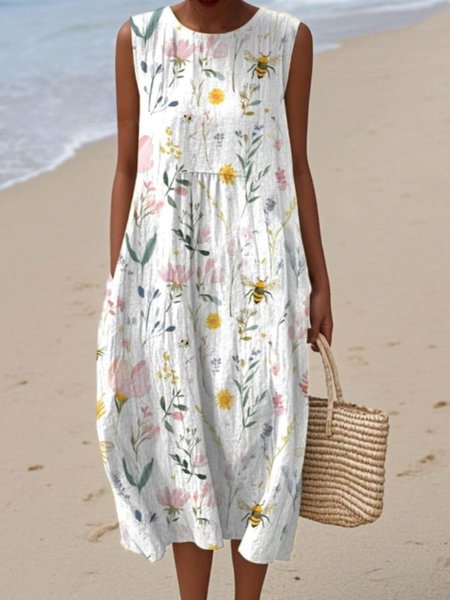 

Women Floral Summer Dress Crew Neck Sleeveless A-Line Dress, White, Dresses