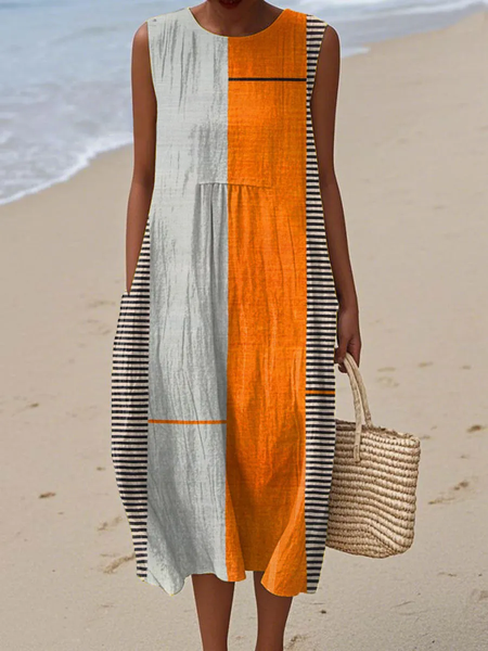 

Women Striped Summer Dress Crew Neck Sleeveless A-Line Dress, As picture, Dresses