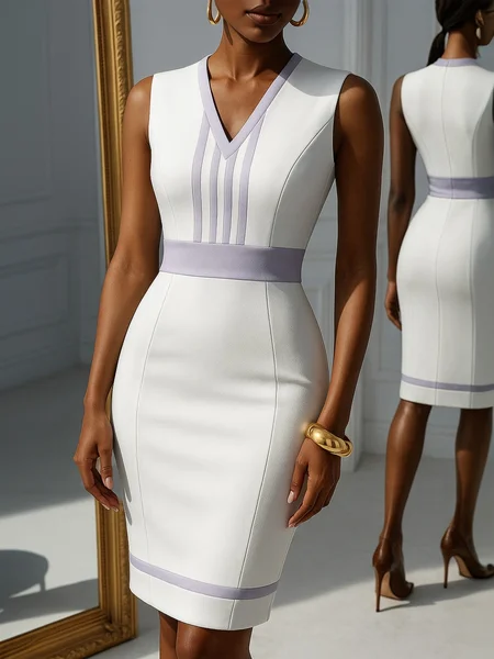

Urban Color Block Split Joint V Neck Knee Length Dress, White, Mini Dresses