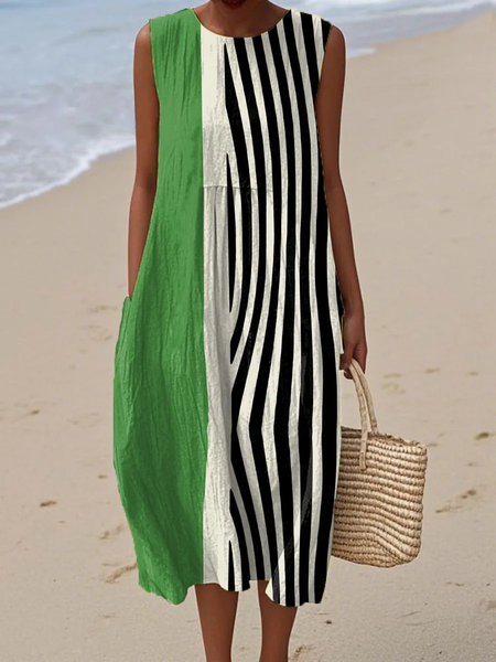 

Women Striped Summer Dress Crew Neck Sleeveless A-Line Dress, As picture, Dresses