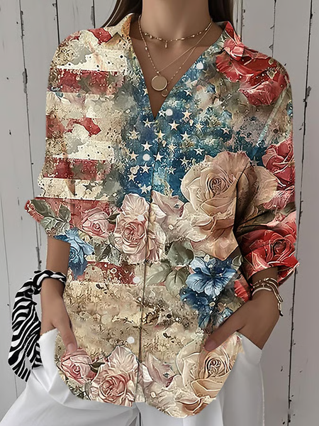 

Women Floral Three Quarter Sleeve Shirt Spring/Fall Printing Shirt Collar Daily Casual Top, As picture, Shirts