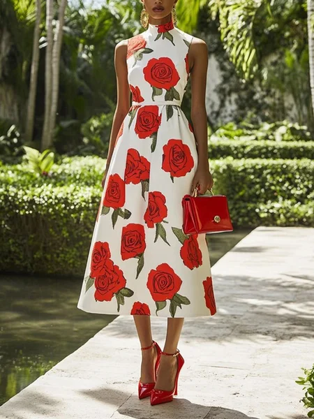 

Elegant Floral Printing Stand Collar Midi Dress, White-red, Midi Dresses