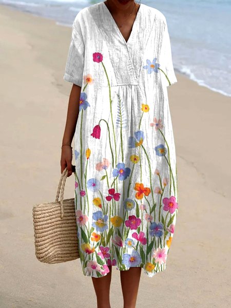 

Women Floral Summer Dress V Neck Short Sleeve A-Line Dress, White, Maxi