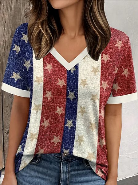 

Casual Geometric V Neck Short Sleeve T-shirt, Red, T-shirts
