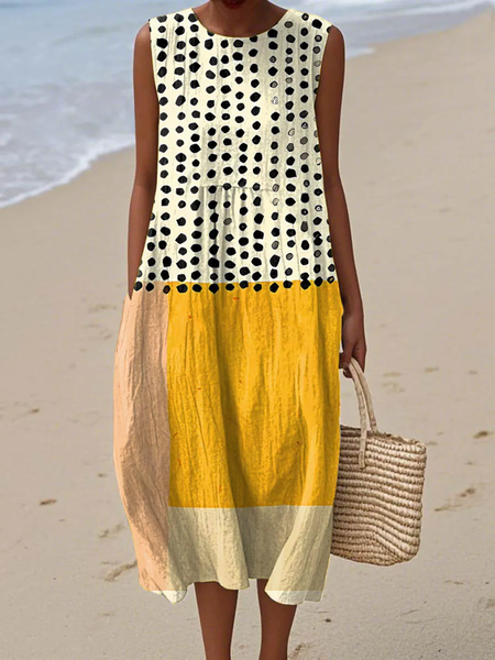 

Women Geometric Summer Dress Crew Neck Sleeveless A-Line Dress, As picture, Dresses