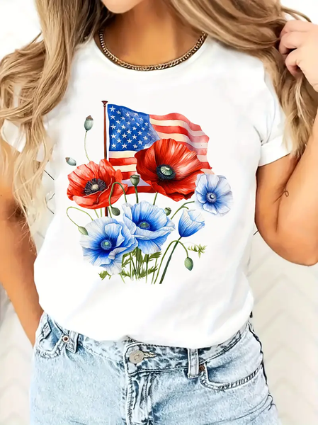 

Women Floral Short Sleeve Tee T-shirt Crew Neck Printing Casual Graphic Tee Summer Top, White, T-Shirts