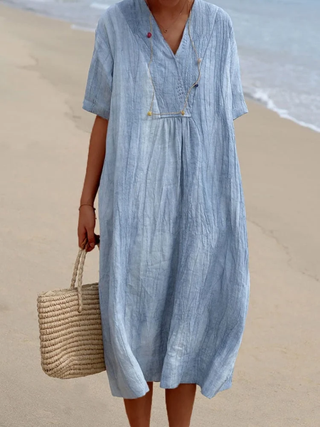

Women Plain Summer Dress V Neck Short Sleeve A-Line Dress, Blue, Dresses