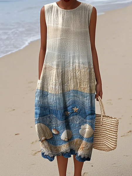 

Women Chevron Summer Dress Crew Neck Sleeveless A-Line Dress, As picture, Dresses