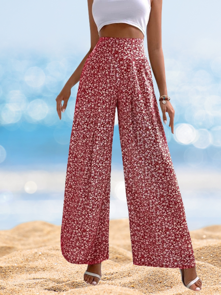 

Women Floral Long Elastic Waist Pants Casual Spring/Fall Trousers, Red, Pants