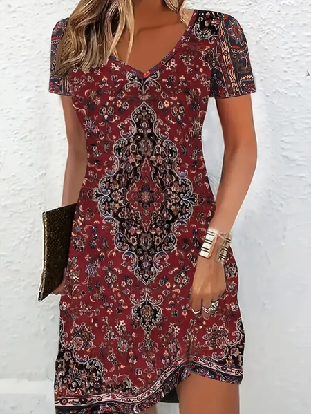 

Women Floral Short Sleeve Summer Printing Dress V Neck Daily Casual Midi Fit & Flare Dress A-Line Dress, Crimson, Casual Dresses