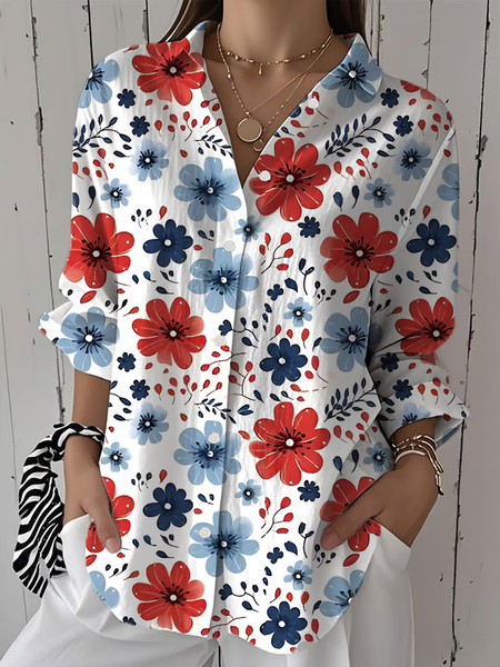 

Women Floral Three Quarter Sleeve Shirt Spring/Fall Printing Shirt Collar Daily Casual Top, White, Shirts