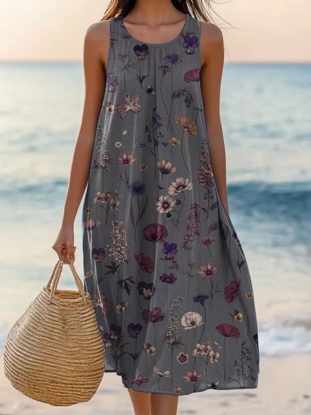 

Women Floral Summer Dress Crew Neck Sleeveless A-Line Dress, Black, Dresses