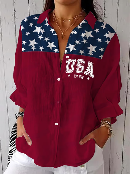 

Women Independence Day (Flag) Three Quarter Sleeve Shirt Spring/Fall Printing Shirt Collar Daily Casual Top, Wine red, Shirts
