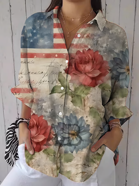 

Women Floral Three Quarter Sleeve Shirt Spring/Fall Printing Shirt Collar Daily Casual Top, As picture, Shirts