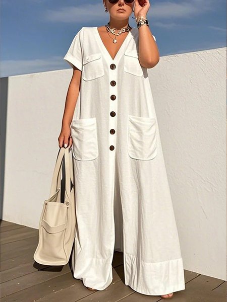 

Casual Buttoned Pockets Plain V Neck Jumpsuit, White, Jumpsuits