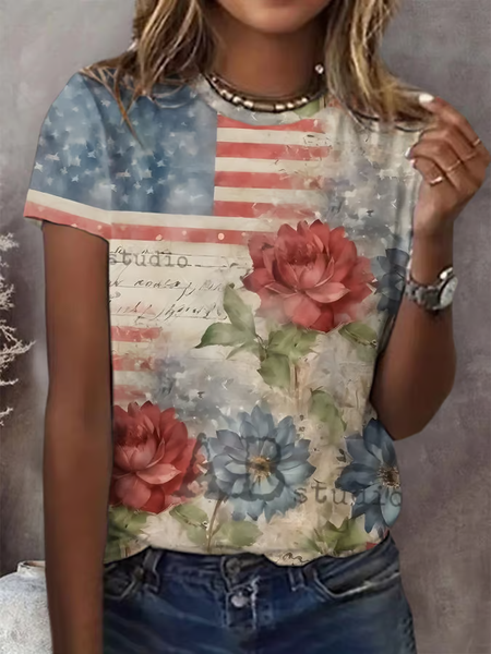 

Women Floral Short Sleeve Tee T-shirt Crew Neck Printing Casual Graphic Tee Summer Top, As picture, T-Shirts