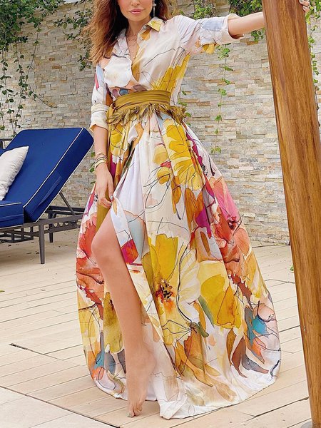 

Vacation Floral Printing Shirt Collar Maxi Dress With Belt, As picture, Maxi Dresses