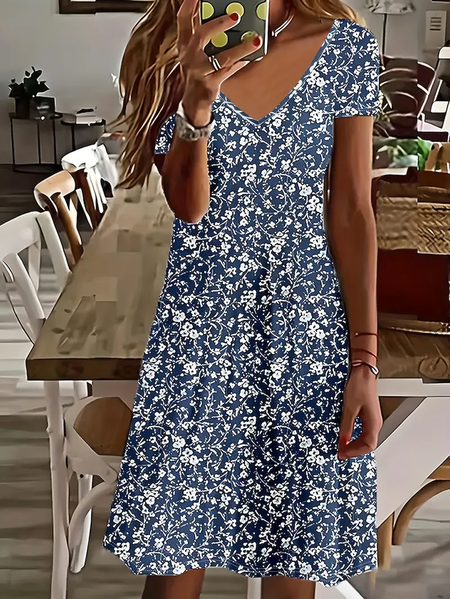 

Women Floral Short Sleeve Summer Printing Dress V Neck Daily Casual Midi Fit & Flare Dress A-Line Dress, Blue, Casual Dresses