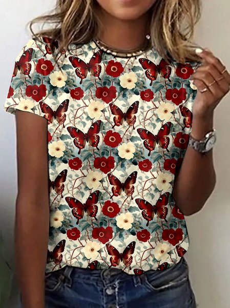 

Vintage Animal Crew Neck Short Sleeve T-shirt, Apricot, T-shirts