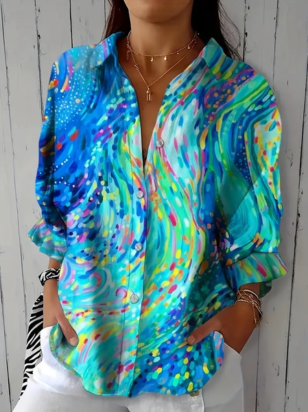

Women Abstract Three Quarter Sleeve Shirt Spring/Fall Printing Shirt Collar Daily Casual Top, Cyan, Shirts