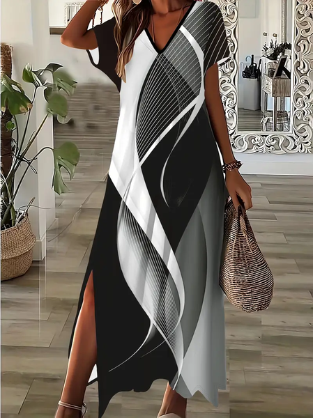 

Women Abstract Short Sleeve Summer Printing Dress V Neck Daily Casual Maxi X-Line Dress, Black, Casual Dresses