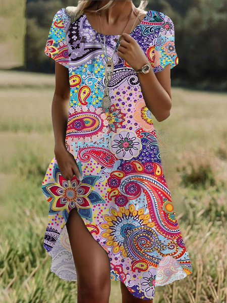 

Women Floral Short Sleeve Summer Printing Dress Crew Neck Daily Casual Mini Tunic H-Line Dress, As picture, Casual Dresses