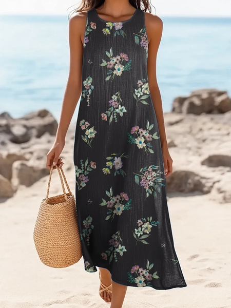 

Women Floral Sleeveless Summer Printing Dress Crew Neck Daily Casual Maxi Tank H-Line Dress, Black, Casual Dresses