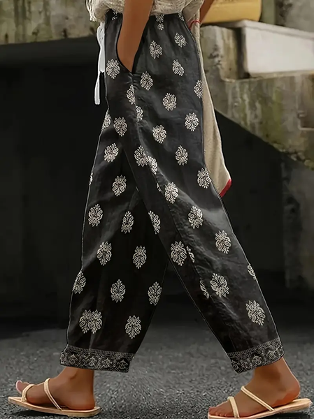 

Women Floral Long Pants Casual Spring/Fall Trousers, Black, Pants