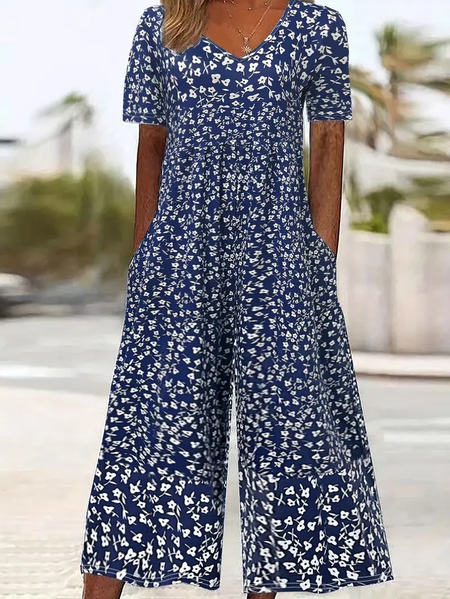 

Women Floral V Neck Half Sleeve Casual Summer Jumpsuit, Purplish blue, Jumpsuits＆Rompers