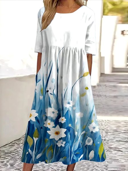 

Women Floral Summer Dress Crew Neck Short Sleeve A-Line Dress, White, Maxi