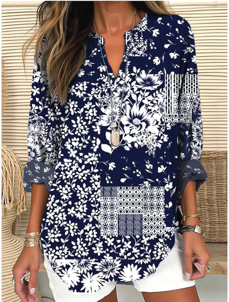 

V Neck Long Sleeve Geometric Regular Micro-Elasticity Regular Fit Shirt For Women, Navyblue, Shirts