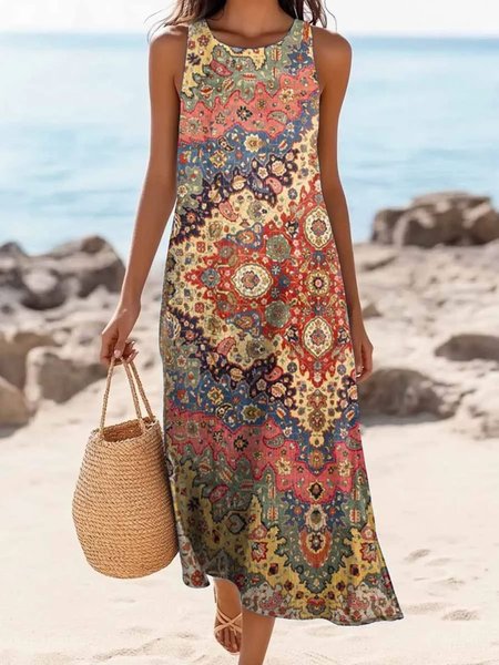 

Women Floral Summer Dress Crew Neck Sleeveless A-Line Dress, Brown, Dresses