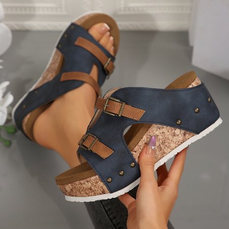 

Pu Summer Western Style Color Block Slide Sandals, Deep blue, Sandals & Slippers