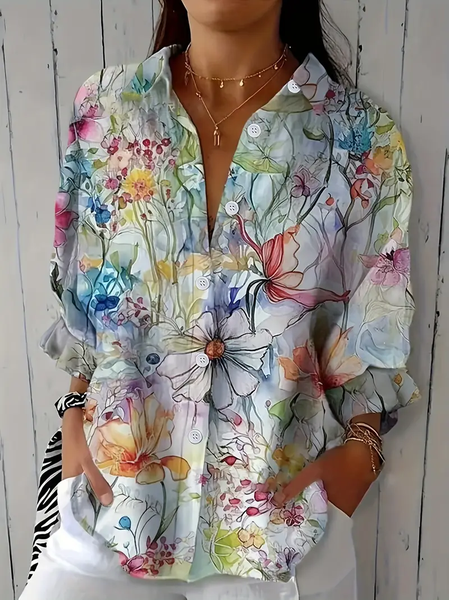 

Women Floral Three Quarter Sleeve Shirt Spring/Fall Printing Shirt Collar Daily Casual Top, Multicolor, Shirts