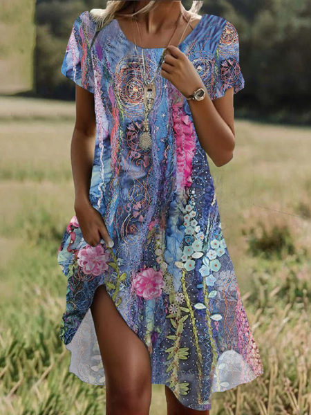 

Women Floral Short Sleeve Summer Printing Dress Crew Neck Daily Casual Mini Tunic H-Line Dress, Purple, Casual Dresses