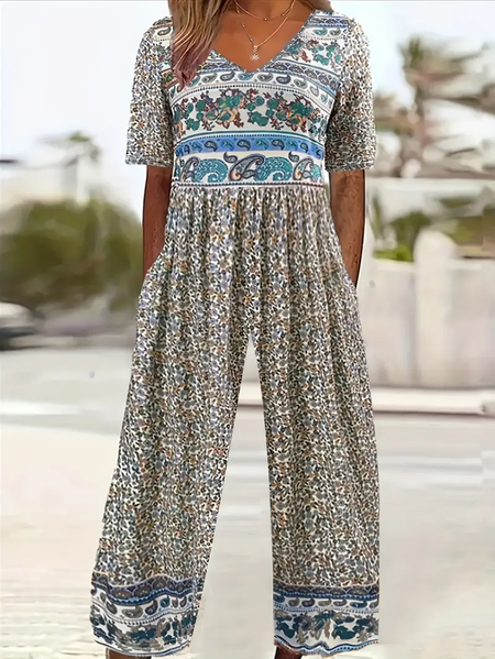 

Women Floral V Neck Half Sleeve Casual Summer Jumpsuit, As picture, Jumpsuits＆Rompers