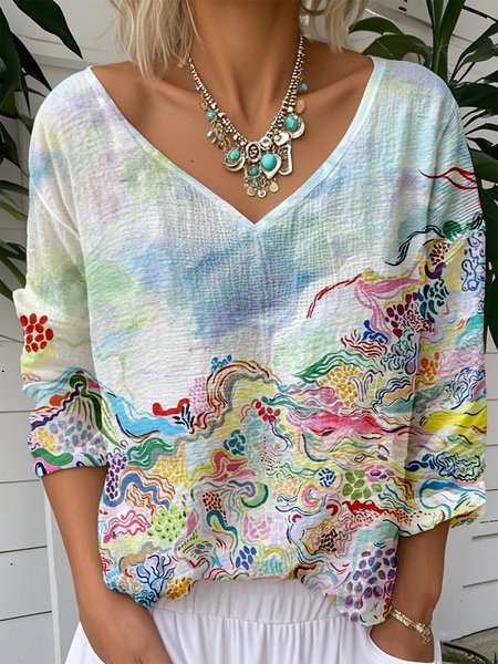 

Casual Gradient Pattern V Neck Long Sleeve T-shirt, As picture, T-shirts