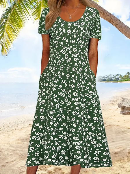 

Women Floral Half Sleeve Summer Printing Dress Crew Neck Daily Casual Maxi A-Line Dress, Green, Casual Dresses