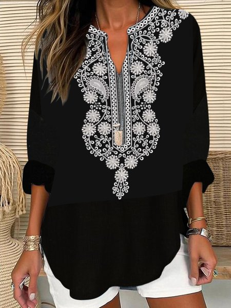 

V Neck Long Sleeve Geometric Regular Micro-Elasticity Regular Fit Shirt For Women, Black, Shirts