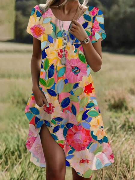 

Women Floral Short Sleeve Summer Printing Dress Crew Neck Daily Casual Mini Tunic H-Line Dress, As picture, Casual Dresses