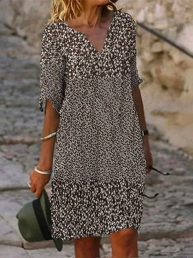 

Women Floral Half Sleeve Summer Printing Dress V Neck Daily Casual Mini Shift Dress H-Line Dress, Brown, Casual Dresses