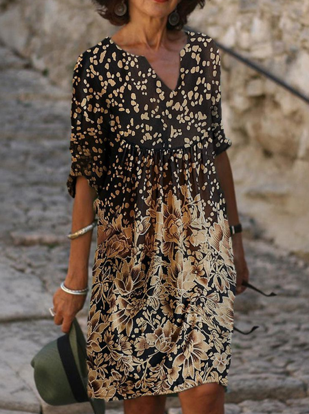 

Women Floral Half Sleeve Summer Printing Dress V Neck Daily Casual Mini Shift Dress H-Line Dress, Brown, Casual Dresses
