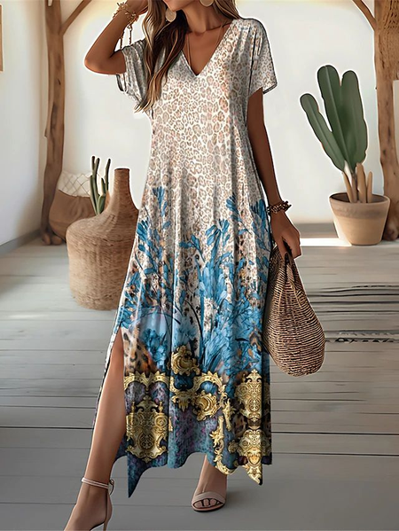 

Women Floral Short Sleeve Summer Printing Dress V Neck Daily Casual Maxi X-Line Dress, As picture, Casual Dresses