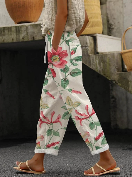 

Women Floral Long Pants Casual Spring/Fall Trousers, Apricot, Pants
