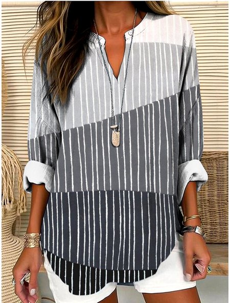 

V Neck Long Sleeve Geometric Regular Micro-Elasticity Regular Fit Shirt For Women, Gray, Shirts