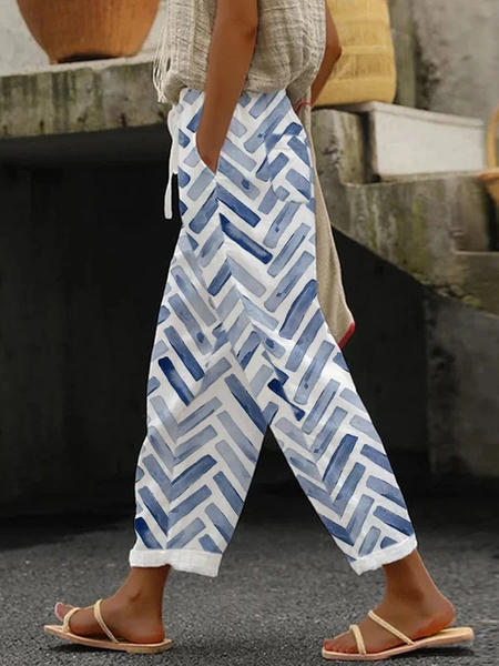 

Women Geometric Long Pants Casual Spring/Fall Trousers, Blue, Pants